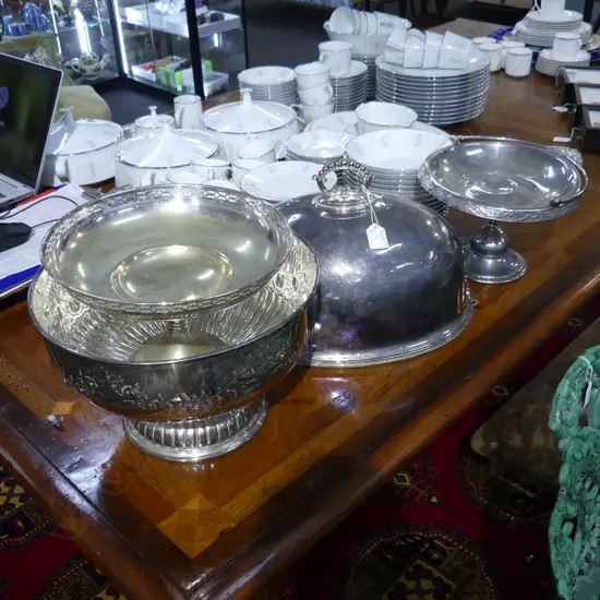 4 PCES SILVER PLATE; LG FOOD DOME W.370mm, PUNCH BOWL, 2 COMPORTS