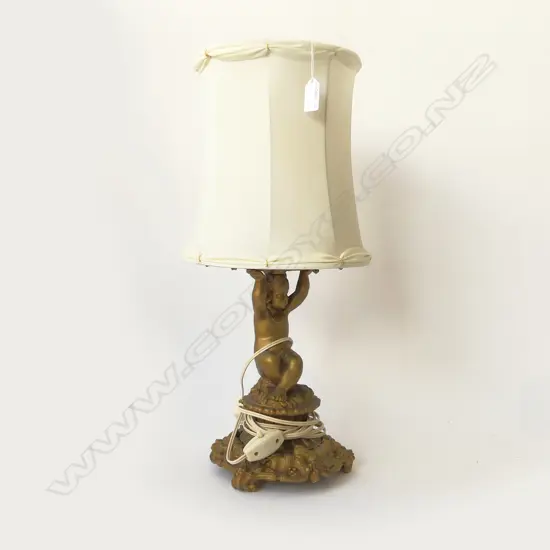VINTAGE GILT SPELTER CHERUB BASED TABLE LAMP with shade H.520mm