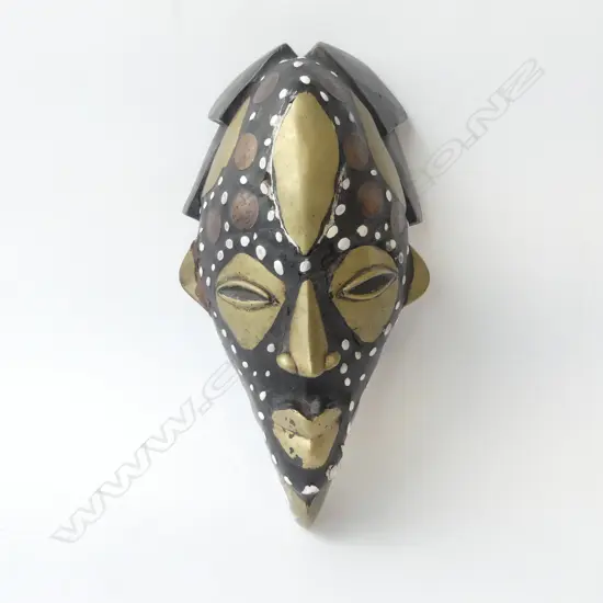 AFRICAN CARVED WOOD FACE MASK BRASS 7 COIN INLAY L320MM