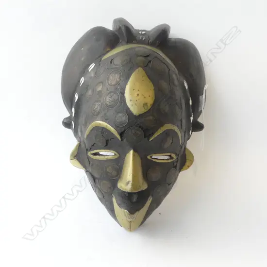 AFRICAN CARVED WOOD FACE MASK BRASS & COIN INLAY L360MM