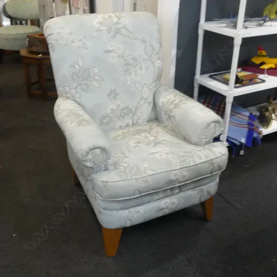 DANSKE MOBLER ARMCHAIR; BLUE FLORAL UPHOLSTERY