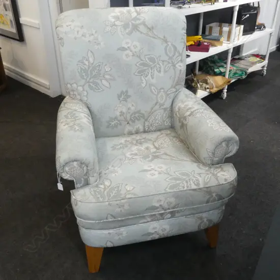 DANSKE MOBLER ARMCHAIR; BLUE FLORAL UPHOLSTERY