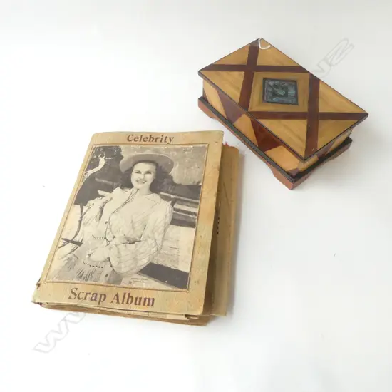 INLAID WOODEN BOX W.255mm, B/W PHOTOS OF WGTN 1940s, VINTAGE 'CELEBRITY SCRAP ALBUM' (POSTCARDS MOSTLY)