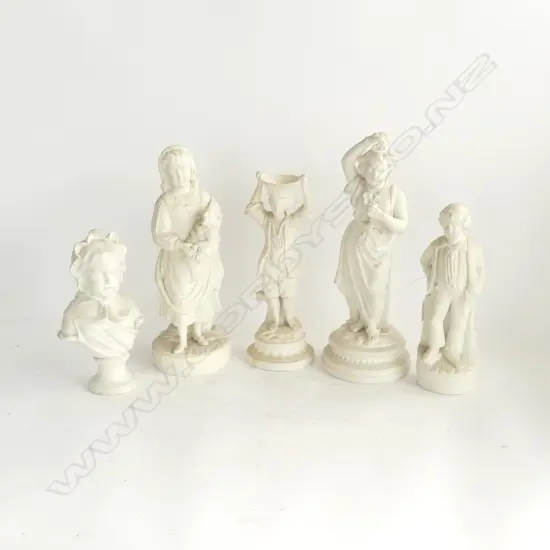 5 PARIAN WARE FIGURES H.350mm (GIRL W. PUNCH DOLL FAULTED)