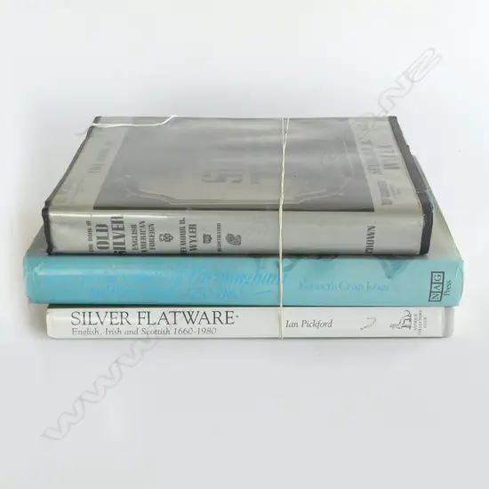 3 ANTIQUE SILVER REFERENCE BOOKS: Silver Flatware by Ian Pickford. The Silversmiths of Birmingham. Old Silver English ..