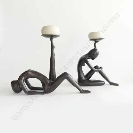2 BRONZE FIGURAL CANDLEHOLDERS (FAULTS TO CERAMIC) H210MM