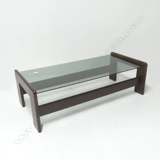 DON? MAHOGANY LONG COFFEE TABLE with smoky glass top c1980's