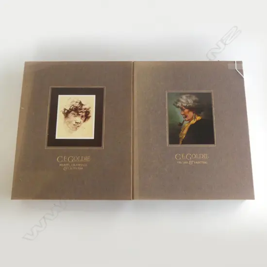 PR CASED GOLDIE BOOKS; 'HIS LIFE & PAINTING', 'DRAWINGS & CRITICISM' fading to cases