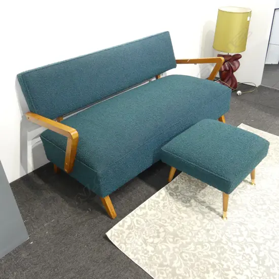 RETRO 2 SEATER SOFA + STOOL NEWLY UPHOLSTERED in 'Warwick' 'Otis' fabric also resprung