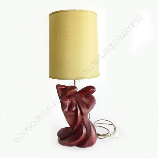 RETRO CARVED WOOD 2 FIGURE STYLISH LAMP with green gold silk shade H.840mm
