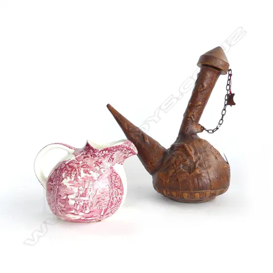 VINTAGE LEATHER SPANISH JUG H360 & MASONS  CHINA JUG VISTA PAT H150MM