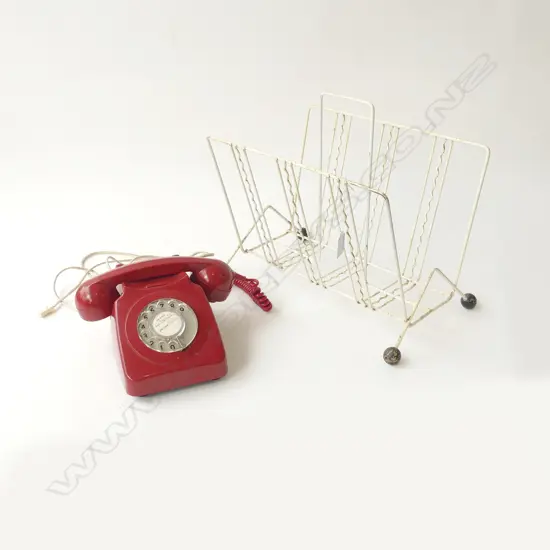 VINTAGE MAGAZINE RACK + RED DIAL PHONE