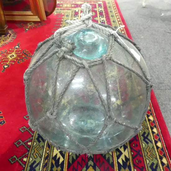 OLD GLASS FISHING FLOAT w. NETTING APPROX DIA.310mm hand blown