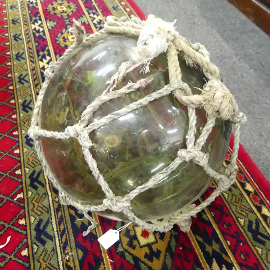 OLD GLASS FISHING FLOAT w. NETTING APPROX DIA.290mm hand blown