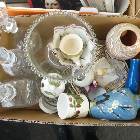 3 DECANTERS, CLOISONNE VASE ETC
