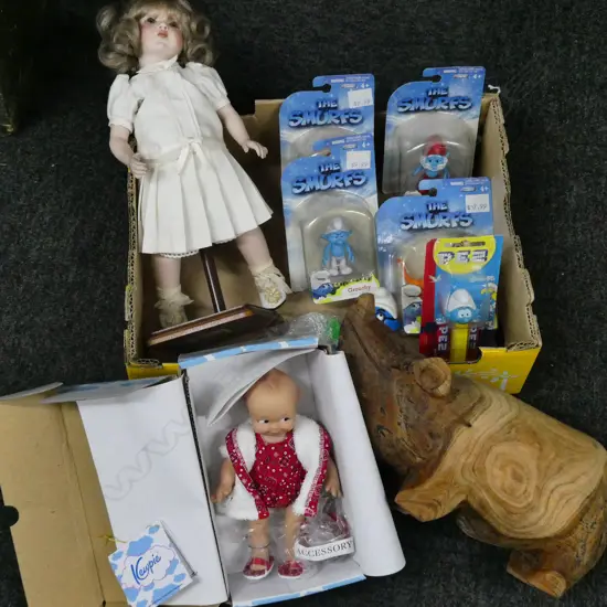 ASST. TOYS; SMURFS, WOODEN PIG ETC