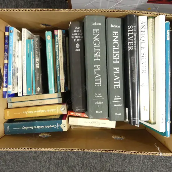 BOX BOOKS ON ANTIQUE SILVER REFERENCE BOOKS etc includes JACKSON ENGLISH PLATE + Old Silver & Old Sheffield Plate etc