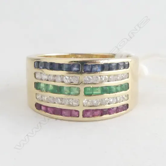 14CT YG RUBY, SAPPHIRE & DIAMOND BAND RING SIZE O 6gms RV $3600