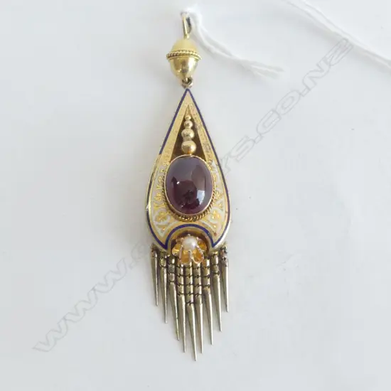VICTORIAN 15ct yellow GOLD ENAMEL & ALMADINE GARNET PENDANT w tassle fringe 6.5gms