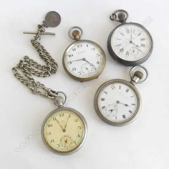 4 OPEN FACED POCKET WATCHES: 1 SILVER with calender to back a.f + 1 x Omega w fob chain & Eiffel tour medallion