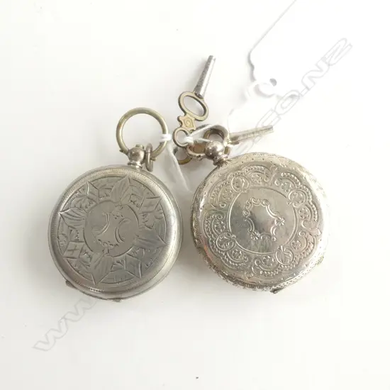 2 C1900 MID-SIZE SILVER POCKET WATCHES enamelled dials w gilt + 2 keys