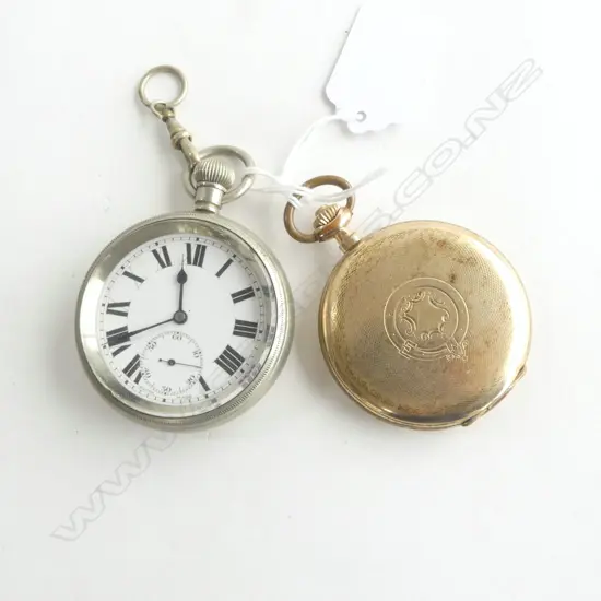 2 VINTAGE POCKET WATCHES: GOLD PLATE & WHITE METAL both running
