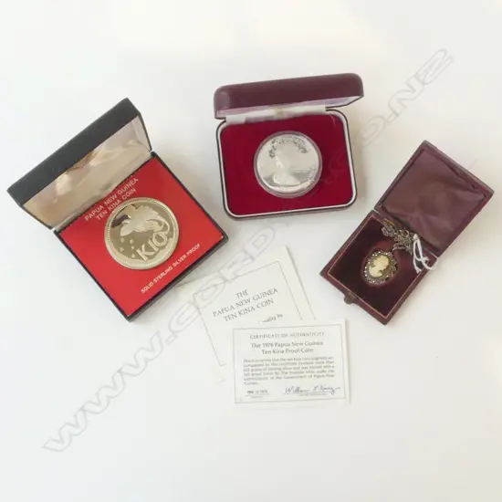 2 SILVER PROOF COINS + CAMEO NECKLACE