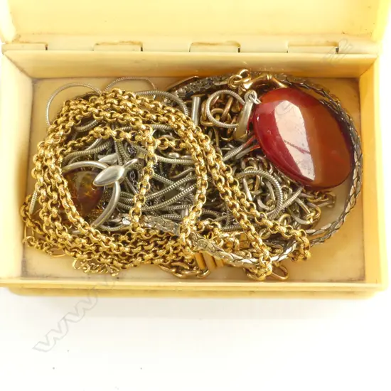 CELULOID BOX OF CHAINS & PENDANTS