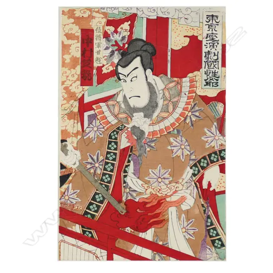 A Japanese woodblock print by Toyohara Kunichika (1835-1900), of a kabuki theatre actor, oban size 360 x 230mm. Mounted