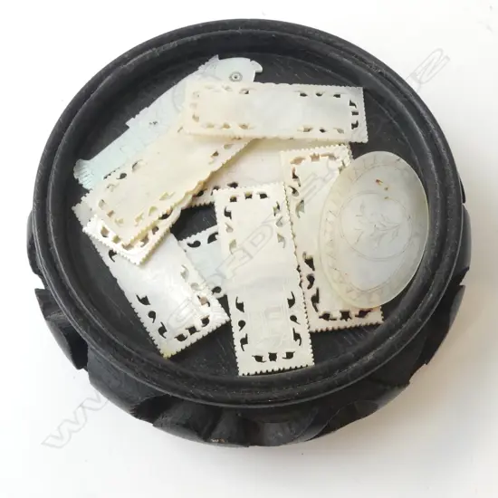 10 ANTIQUE MOTHER OF PEARL CHINESE ENGRAVED GAMING TOKENS WITH CARVED STAND