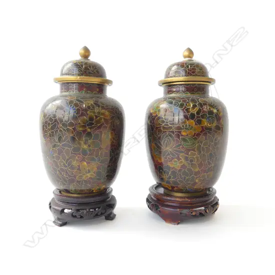 PR CHINESE LIDDED CLOISONNE GINGER JARS, ON WOOD STANDS, H.190mm