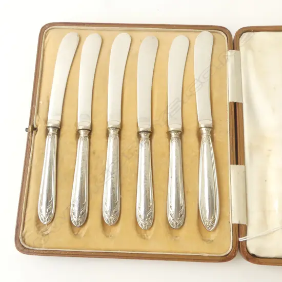 SIX STG SILVER HANDLED PATÉ KNIVES (ONE REPLACED) SHEFFIELD 1905 & 1910 IN CASE, L.170MM