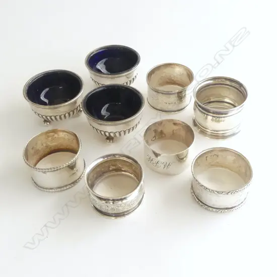 6 ASST. STG SILVER NAPKIN RINGS, 105gms + 3 STG SALTS (GLASS NOT REMOVABLE)