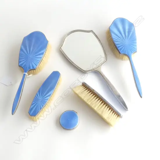 6 PCE STG SILVER & BLUE GUILLOCHE DRESSING SET, B'HAM 1936