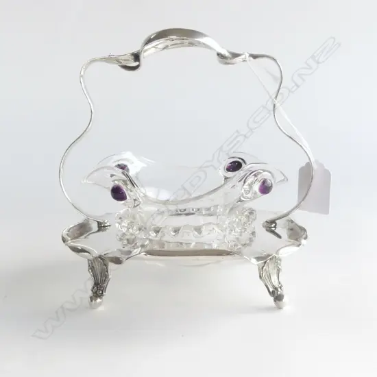*RTV* ART NOUVEAU HAND BLOWN GLASS & SILVER PLATE PRESERVE DISH IN STAND peacock purple highlights