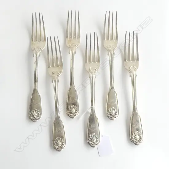 SET 6 WILLIAM IV SILVER TABLE FORKS fiddle thread & shell dble struck pattern 569gms. London.1834