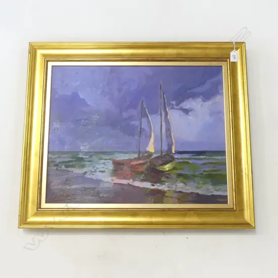 SIGNED OIL ON CANVAS, 2 SAILBOATS ON SEA, FRAME STAMPED w. POLISH GALLERY 'WEDUTA' 400x500mm