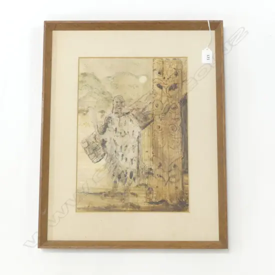 EARLY FOLK ART OIL ON CELLULOID OF TATTOOED MAORI  H520 W410MM