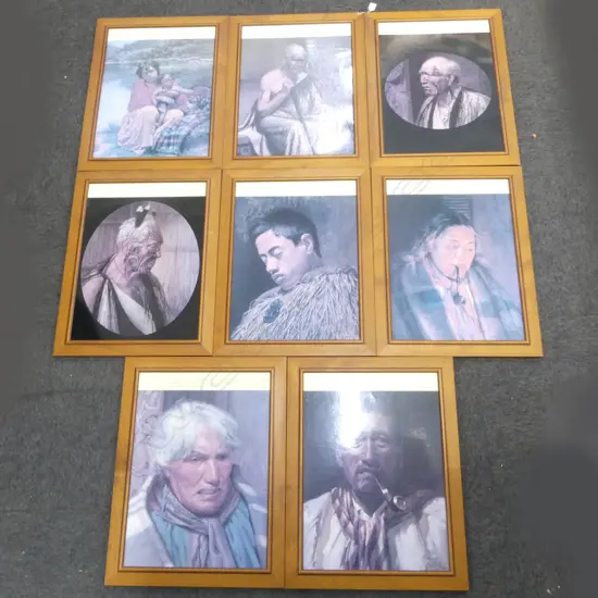  8 FRAMED MID-CENTURY MAORI PRINTS 410X560mm