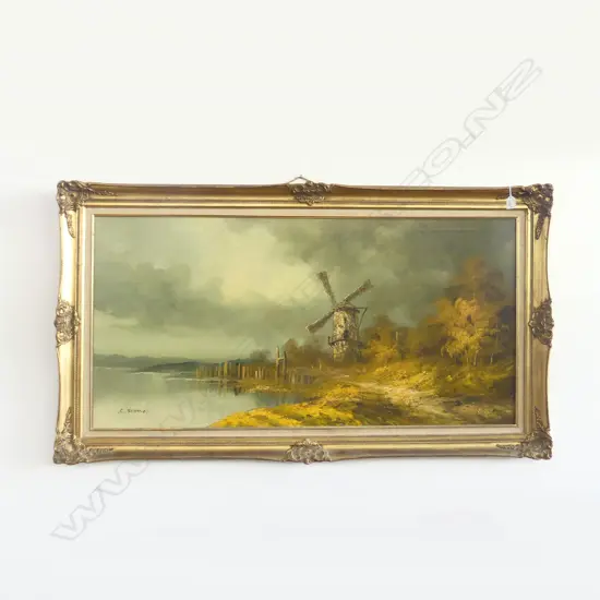 K. SCHMIDT, LANDSCAPE w. WINDMILL, OIL ON CANVAS, 600x1200mm