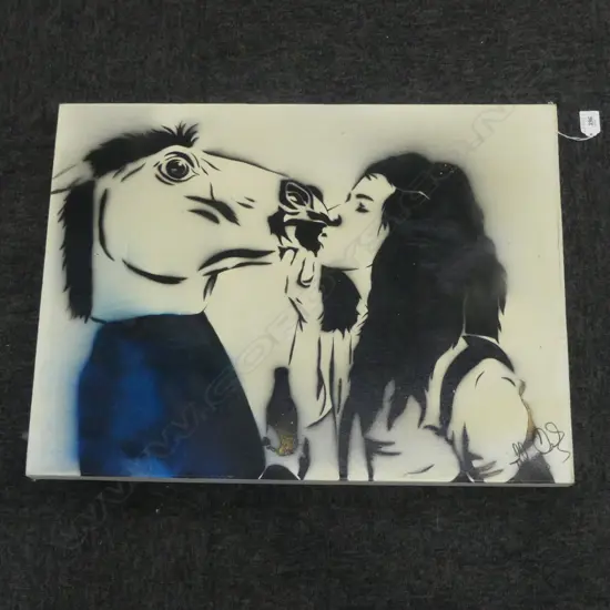 BANKSY STYLE ARTWORK; WOMAN KISSING HORSE 460x610mm FAULTS