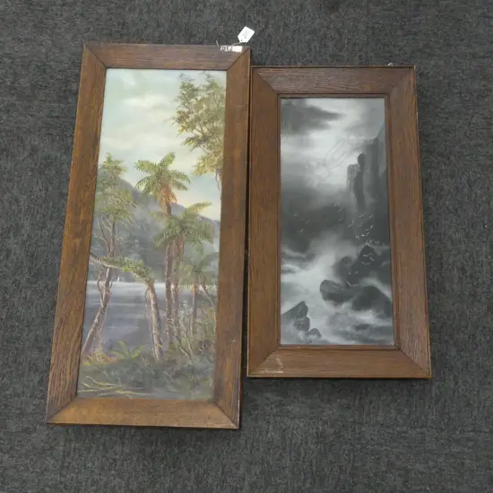 OIL ON BOARD, LAKE SCENE WITH FERNS, INITIALED DATED 'ACR 1902', 640 x 235mm plus MONOCHROMATIC OIL OF MOONLIT SEASCAPE 