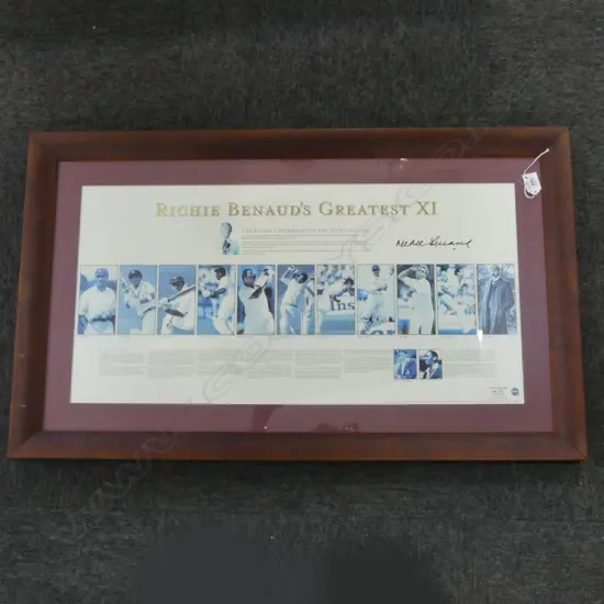 RICHIE BENAUD'S GREATEST XI SIGNED Limited Ed. print 148/500. Framed under glass 870 x 520mm