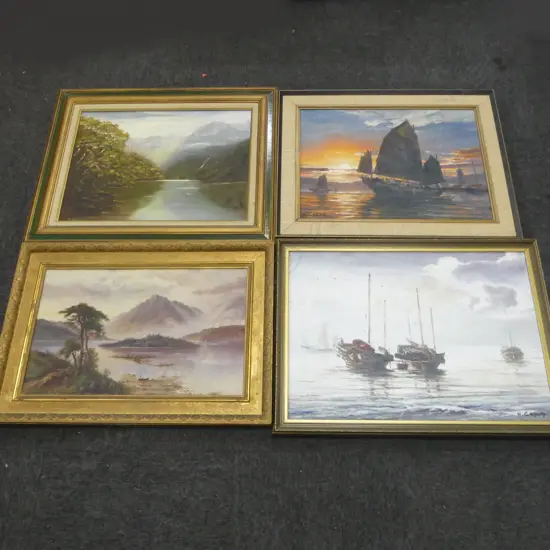 4 OIL ARTWORKS; 2 LANDSCAPES (GILD w. BORER) 375x605mm, 2 ORIENTAL BOATS