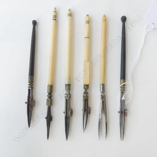 SIX ANTIQUE IVORY AND EBONY DRAUGHTSMAN PENS, L.135MM-155MM