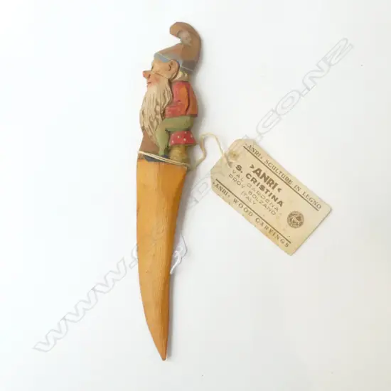 VINTAGE ANRI GNOME WOODEN CARVED LETTER OPENER ORIGINAL LABEL ITALY, L.200MM