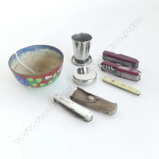 4 POCKET KNIVES (2 Swiss Army) + FOLDING CUP + CLOISONNE BOWL