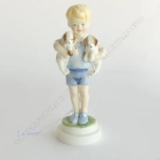 ROYAL WORCESTER HAND-PAINTED FIGURE OF BOY WITH TWO PUPPIES  TITLED’MONDAYS CHILD', H.190mm