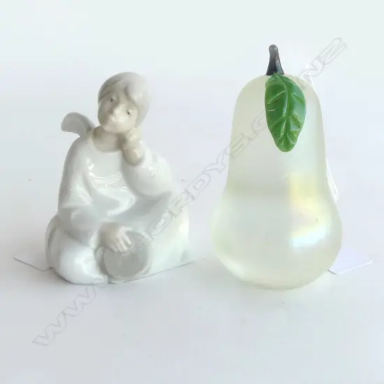 SIGNED  ORIENT & FLUME GLASS PEAR H110MM& SPAINISH POCR ANGEL H90MM