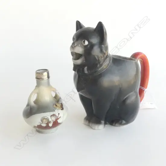 PORCELAIN BLACK CAT CREAMER JUG, H.145mm plus SM STERLING SILVER TOPPED VASE, CHILDREN IN SNOW, H.85mm